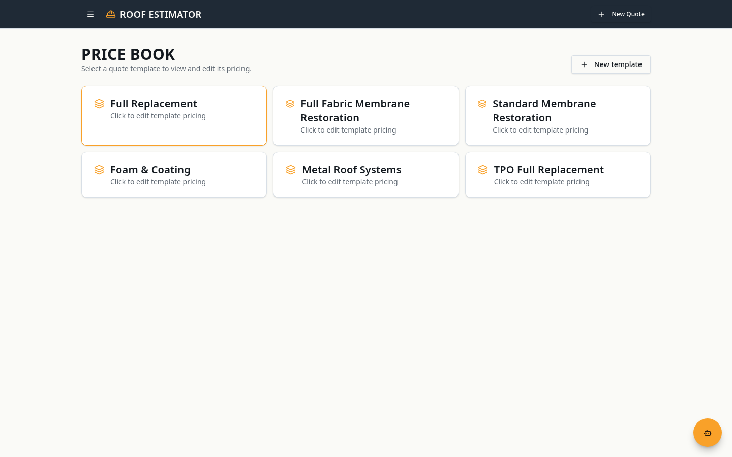 Roof system template library with six commercial roofing price templates.