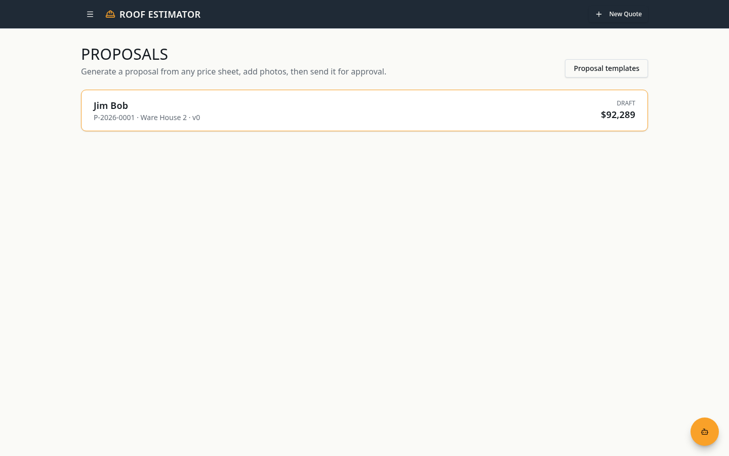 Proposals list showing status, customer, and job value.