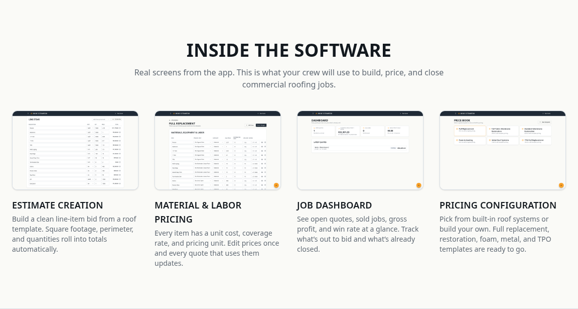 Smart Roof Quotes software showing estimate creation, material and labor pricing, job dashboard, and pricing configuration screens