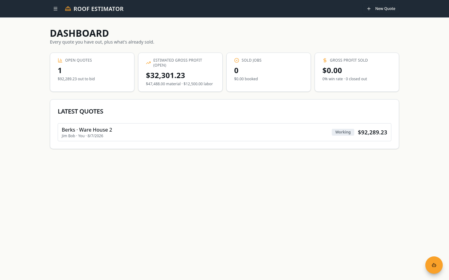 Contractor dashboard with open quotes, gross profit, and latest jobs.