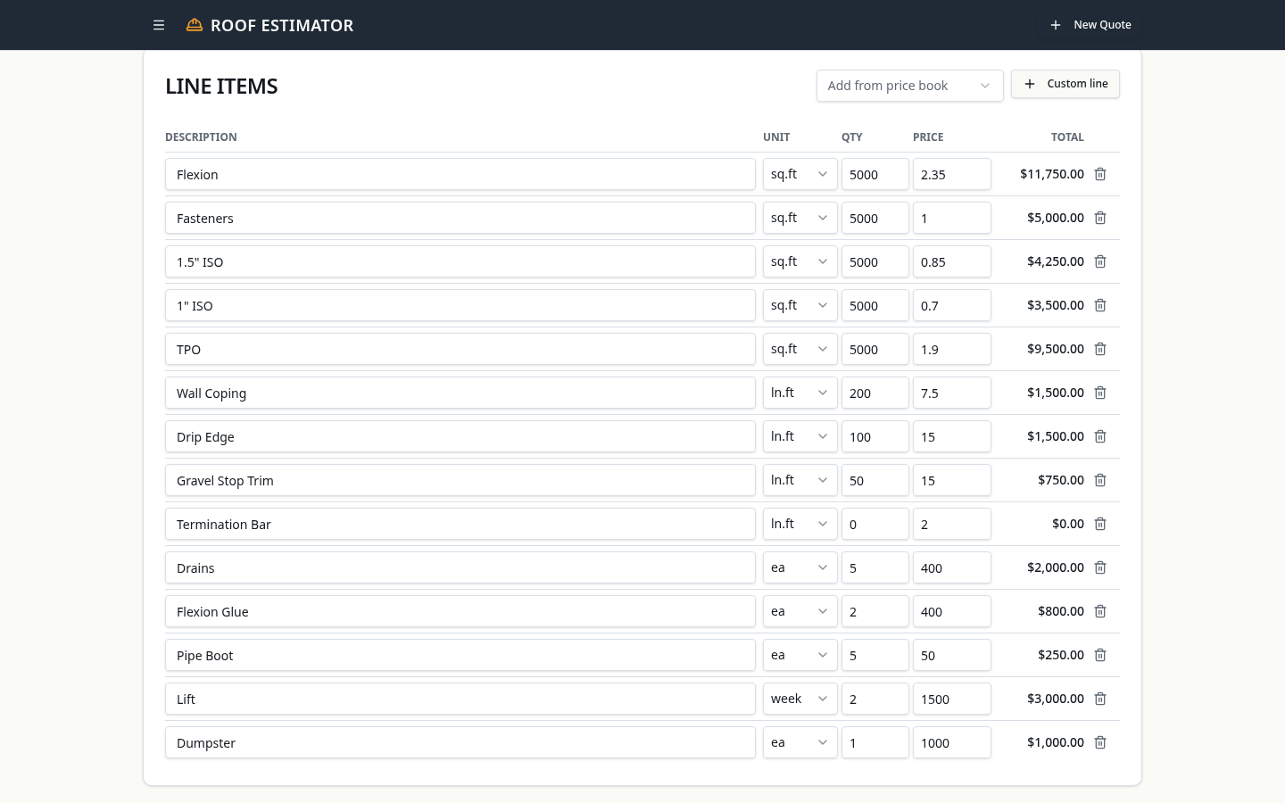 Estimate editor with line items, quantities, and totals for a commercial roofing bid.
