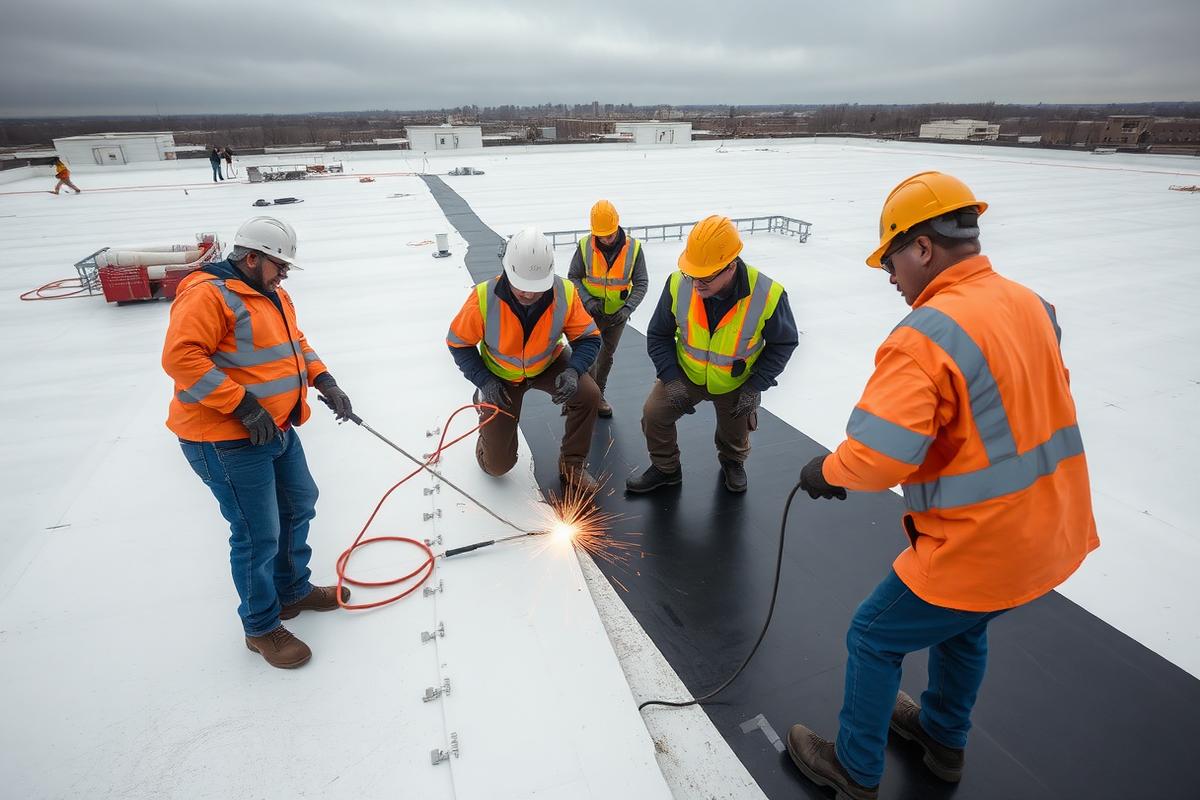 Commercial roofing crew heat welding TPO membrane on a flat roof