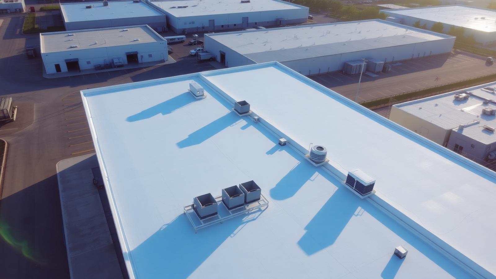 Aerial view of a commercial warehouse with a white TPO flat roof